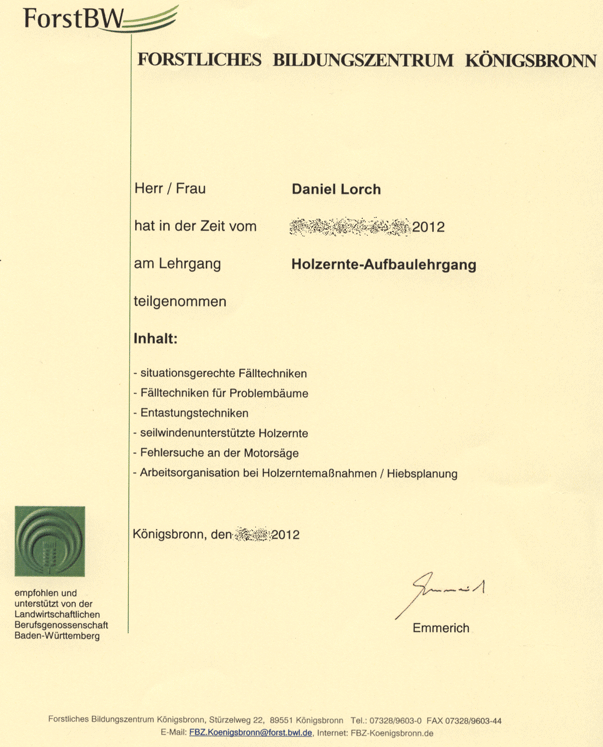 Zertifikat Holzernte Aufbau Lehrgang